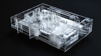 Wall Mural - A transparent 3D microchip model showcasing the complexity of its internal architecture, with visible etched circuits and connectors