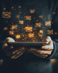 Fototapete - Hands holding a tablet with floating email and message icons, representing the power of modern communication and advanced technology