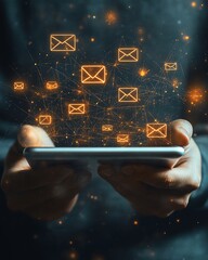 Fototapete - Hands holding a tablet with floating email and message icons, representing the power of modern communication and advanced technology