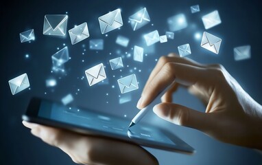 Fototapete - Hands using a tablet with email and message icons floating above, representing the evolution of communication and the role of modern technology