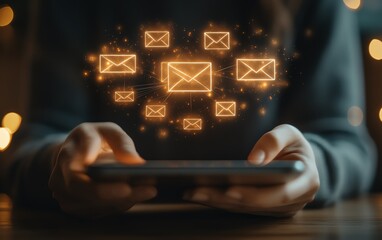 Fototapete - Hands using a tablet with email and message icons floating above, representing the evolution of communication and the role of modern technology