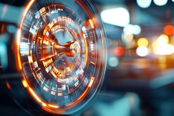 Poster - Futuristic technology with glowing circular display illuminated by vibrant lights in a modern environment