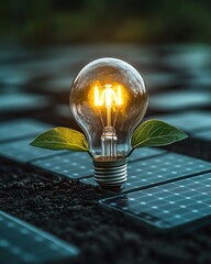 Aufkleber - sustainable energy concept with a light bulb, solar panels, wind turbines, and a green plant, showca