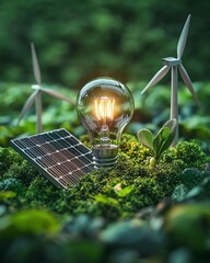 Aufkleber - Sustainable energy concept with a light bulb, solar panels, wind turbines, and a green plant, showcasing clean, renewable energy and environmental protection