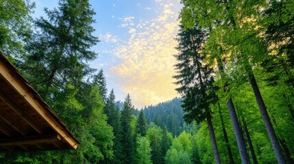 Canvas Print - Majestic sunset view through tall evergreen trees from a wooden shelter.