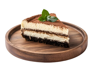 Wall Mural - Extreme front view of hyperrealistic slice of tiramisu pie on a wooden tray isolated on a white transparent background