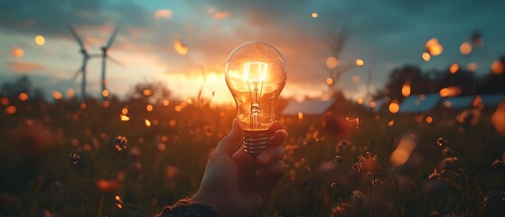 Aufkleber - A hand gripping a light bulb amidst wind turbines and solar panels, symbolizing the transition to clean, sustainable energy and ecological awareness