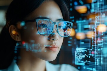 Poster - Woman wearing glasses analyzes digital data in a modern workspace with advanced technology at night