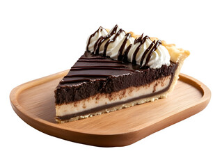 Wall Mural - Extreme front view of hyperrealistic slice of mocha pie on a wooden tray isolated on a white transparent background
