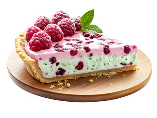 Wall Mural - Extreme front view of hyperrealistic slice of mint raspberry pie on a wooden tray isolated on a white transparent background