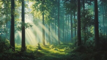  A serene depiction of a lush green forest gently enveloped by a mystical morning fog