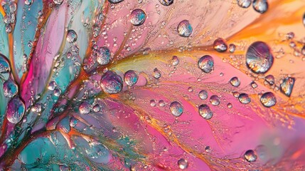 Poster - colorful water droplets on a vibrant translucent surface creating a visually stunning abstract backg