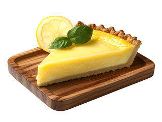 Wall Mural - Extreme front view of hyperrealistic slice of lemon basil pie on a wooden tray isolated on a white transparent background