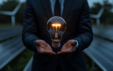 Poster - Light bulb in hand, surrounded by solar panels and windmills, illustrating the power of alternative energy for a clean and sustainable future