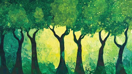 Poster - vibrant abstract forest scene featuring stylized trees in varying shades of green against a glowing 