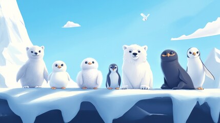 Wall Mural - adorable polar bears and penguins on snowy cliff against a bright blue sky.