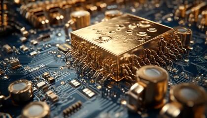 Aufkleber - Closeup of a gold processor on a blue circuit board with intricate connections, symbolizing advanced technology and innovation, ultradetailed, futuristic design