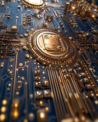 Aufkleber - Closeup of a gold processor on a blue circuit board with intricate connections, symbolizing advanced technology and innovation, ultradetailed, futuristic design