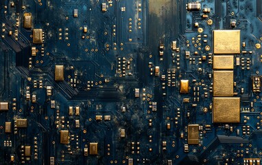 Poster - Detailed closeup of a gold processor on a blue circuit board, emphasizing complex digital connections and advanced technological design, hightech aesthetics