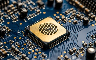 Poster - Detailed closeup of a gold processor on a blue circuit board, emphasizing complex digital connections and advanced technological design, hightech aesthetics