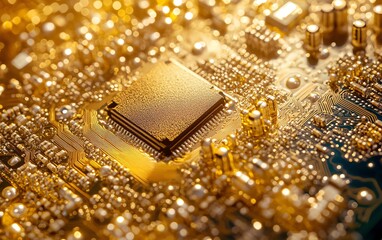 Poster - Detailed closeup of a gold processor on a blue circuit board, emphasizing complex digital connections and advanced technological design, hightech aesthetics