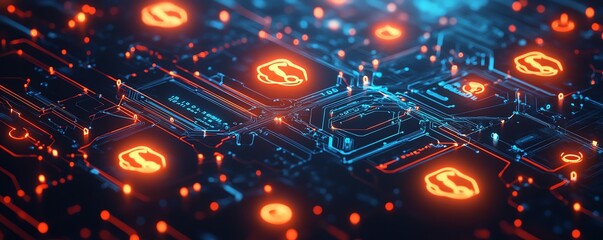 Poster - Digital network design with glowing orange and white human icons, interconnected by vibrant circuit lines on a dark blue background, symbolizing seamless global communication