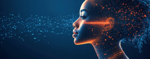 Poster - Futuristic digital network with human icons in orange and white, connected by luminous circuit lines on a deep blue background, symbolizing innovation and connectivity