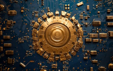 Poster - Gold processor at the center of a blue circuit board, showcasing intricate digital connections, advanced technology, and innovation, photorealistic textures