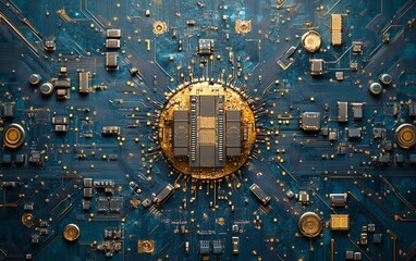 Poster - Gold processor at the center of a blue circuit board, showcasing intricate digital connections, advanced technology, and innovation, photorealistic textures