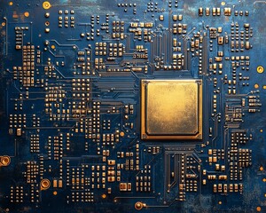 Leinwandbilder - Gold processor embedded in a hightech blue circuit board, intricate wiring and digital connections, representing cuttingedge innovation and technological advancement