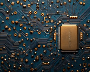 Leinwandbilder - Gold processor embedded in a hightech blue circuit board, intricate wiring and digital connections, representing cuttingedge innovation and technological advancement