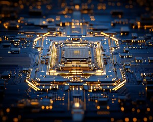 Leinwandbilder - Gold processor embedded in a hightech blue circuit board, intricate wiring and digital connections, representing cuttingedge innovation and technological advancement