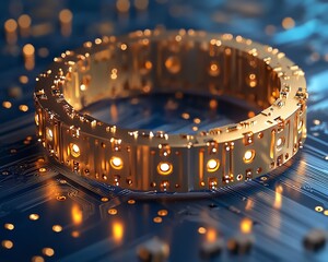 Leinwandbilder - Gold processor embedded in a hightech blue circuit board, intricate wiring and digital connections, representing cuttingedge innovation and technological advancement