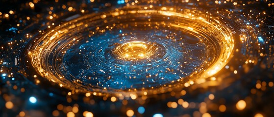 Poster - Gold processor surrounded by intricate blue circuit board connections, symbolizing innovation and the evolution of technology, photorealistic, vibrant lighting