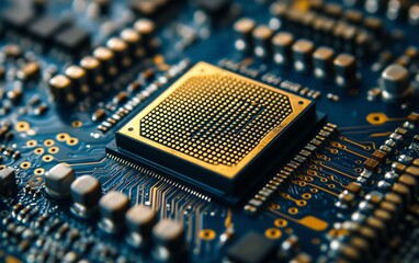 Poster - Highly detailed gold processor placed on a blue circuit board, with complex connections highlighting cuttingedge technology, sharp focus, vibrant colors