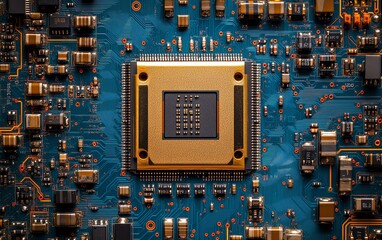 Poster - Highly detailed gold processor placed on a blue circuit board, with complex connections highlighting cuttingedge technology, sharp focus, vibrant colors