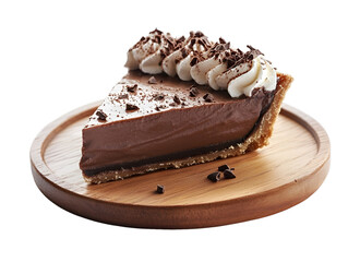 Wall Mural - Extreme front view of hyperrealistic slice of chocolate cream pie on a wooden tray isolated on a white transparent background