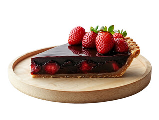 Wall Mural - Extreme front view of hyperrealistic slice of chocolate strawberry pie on a wooden tray isolated on a white transparent background