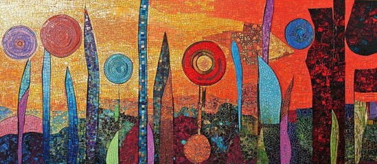 Poster - Colorful glass mosaic artwork featuring intricate floral patterns on a vibrant abstract background perfect for modern interior design aesthetics
