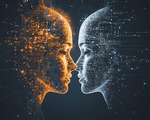 Poster - Orange and white human icons interconnected by glowing circuit lines on a dark blue background, representing digital connectivity and technological evolution, hightech aesthetics