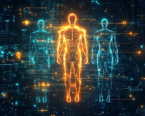 Poster - Orange and white human icons interconnected by glowing circuit lines on a dark blue background, representing digital connectivity and technological evolution, hightech aesthetics