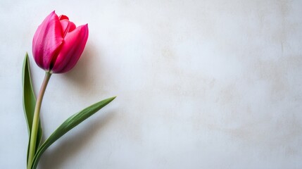 Aufkleber - A single bright fuchsia tulip isolated against a light stone grey background, close-up shot, Minimalist style