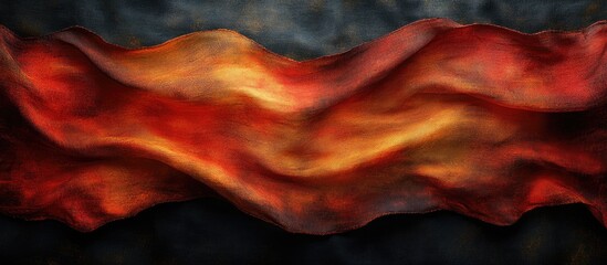 Poster - Textile flag with a firework-inspired grunge design displaying dynamic waves in vibrant red and orange tones against a dark background
