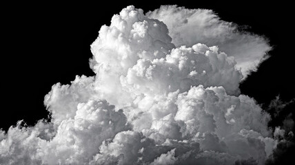 Wall Mural - Dense and Fluffy White Cloud with Intricate Layers and Formations, Set Against a Black Background, Highlighting the Cloud's Voluminous Texture and Dramatic Contrast