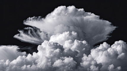 Wall Mural - Dense and Fluffy White Cloud with Intricate Layers and Formations, Set Against a Black Background, Highlighting the Cloud's Voluminous Texture and Dramatic Contrast