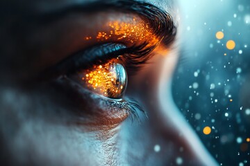 Poster - Close-up view of a human eye with luminous sparks reflecting in the iris at twilight