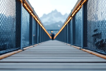 Wall Mural - Pathway leading towards mountains with glowing lights in the early evening sky