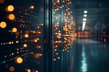 Poster - Data center illuminated by vibrant lights showcases modern technology and server organization