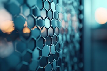 Poster - Close-up view of a honeycomb pattern reflecting light in a modern urban environment at dusk