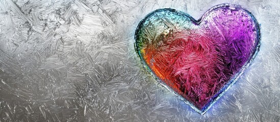 Poster - Colorful disco heart design on a metallic silver iced backdrop creating a striking and vibrant frozen heart effect.